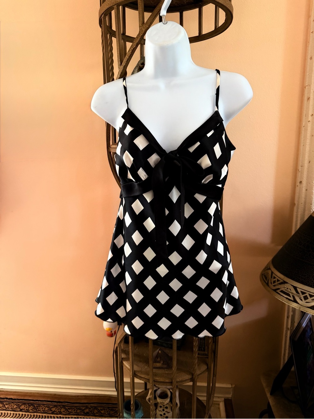 Matty M Black & White Diamond-Print Tie-Front Camisole S
